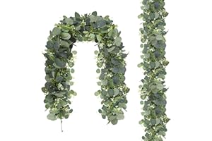HYWEAN HOMD 2 Pcs 6.39ft Artificial Eucalyptus Garland, Realistic Hanging Ivy Garland, Leaves and White Flowers Mixed Garland, Foliage Garland for Weddings Parties Dining Tables Stairs Door Frame Decorations