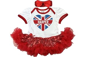 Baby Girls Personalised Union Jack Heart Sequin Dress, Newborn Celebration Party Outfit Red Tutu Romper with Headband