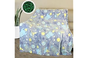 HSGLGNA Manta para Niños y Niñas, Diseño de Cohete y Dirigibles, Suave y Cálida, Brilla en la Oscuridad, Fluorescente, 130 x 150 cm (Color 1)