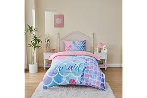 MUSOLEI Mermaid Bedding Set Girls Single Colorful 3D Mermaid Tail Blue Duvet Cover Sets Pink Lovely Quilt Cover Soft with Pillwocase (Mermaid, Single)