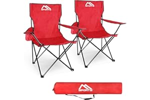 MSports, sedia da campeggio di qualità, con borsa per il trasporto di colore rosso, set da 2 pezzi, sedia pieghevole con braccioli e porta bevande, pratica e leggera