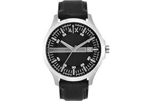 Armani Exchange Montre pour homme , mouvement date à trois aiguilles, boîtier en acier inoxydable de 46 mm avec bracelet en cuir, AX2101
