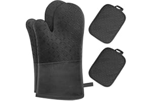 Lot de 4 Gant Four Maniques Cuisine - MILcea Gant Four Anti Chaleur Jusqu'à 300 °C, Gants en Silicone Antidérapantes, en Coton Doux, 32cm Longs et Flexibles en Gant de Cuisine, Noir