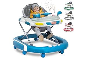 FK SPORTS 2-in-1 Foldable Baby Walker & Rocker - Multifunctional Walker with 4 Adjustable Heights, Removable Feeding Tray, Music & Silent Wheels - Baby Walkers for Boys & Girls 6 Months+ (Blue)