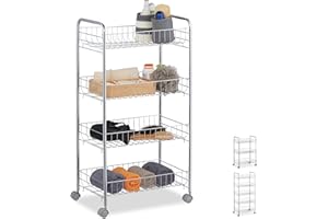 Relaxdays Scaffale in Metallo Carrello da Cucina, Ripiani, Portavivande, 4 Ruote, Multiuso, Bagno & Ufficio,Salvaspazio,77x40,5x26,5,Argento, Acciaio