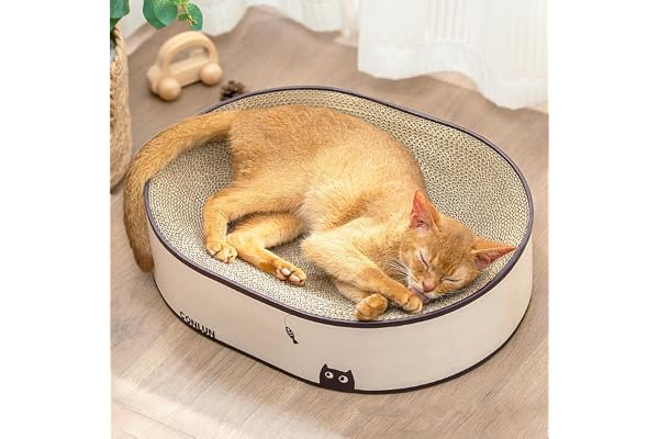 Conlun Griffoir Chat Carton Ovale & Lit 2-en-1 - Grattoir Incurvé Ergonomique pour Repos et Jeu - Carton Ondulé Haute Densité - Protection Canapé Design avec Herbe à Chat (43x33x10cm)