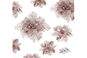 Agoer 24 Pezzi Fiori per Albero di Natale Champagne, 9/11/15 CM Glitter Poinsettia Fiori Natalizi per Decorazioni, Fiori Artificiali Natalizie con 30 Clips per Albero di Natale, Matrimoni, Feste