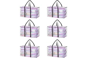 JOISCOPE 100L 6-Pack Large Capacity Clothes Storage Bag Organizer with Zips, Underbed Storage Box with Reinforce Handles & Waterproof Storage Tote, Foldable Packing Box for Moving House(Clear, 100L)