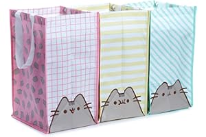 PUCKATOR Juego de 3 bolsas de almacenamiento de reciclaje para interiores con asas con licencia oficial de Pusheen the Cat, material de plástico reciclado, duradero y fácil de limpiar, multicolor