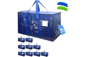 AXAM Lot de 10 Sacs de Déménagement XL 91L – Grands Sacs de Rangement Vêtements, Housses, Couettes et Linge – Alternative Cartons de Déménagement Grand Format – Kit de Déménagement avec 2 Poignées Silicone
