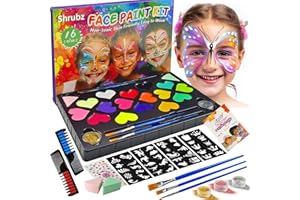 Shrubz Pinturas Cara para Niños, 31PCS Pintura Facial Pintacaras Infantil Lavable Kit de Pintura Facial con 40 Plantillas 3 Pinceles, Pintura de Cara para Niños Halloween Carnaval Fiestas Cosplay