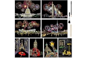 ARTSPER Scratch Art for Kids & Adult, Rainbow Engraving Painting Landscape Scratchboard(A4) Crafts Set: 8 Sheets 4 tools - Congress Building, Burj Al Arab, Eiffel Tower, Big Ben, Moscow(Fireworks/Building)