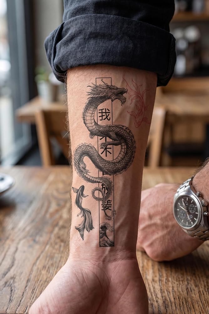 Ejderha ve Koi Balığı Desenli Orta Boy Geçici Dövme Tattoo | 1 dakikada dövme sahibi ol