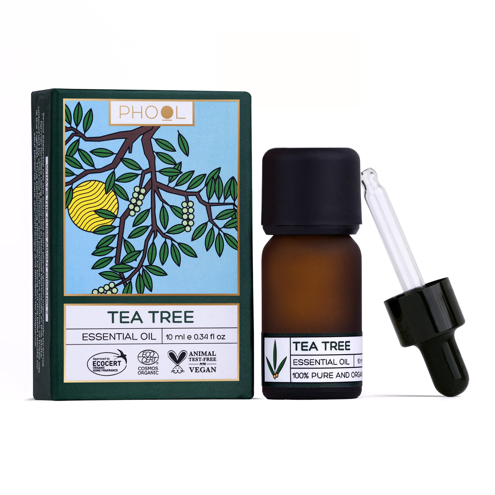 Phool Tea tree oil - Essential oil Tea tree for Acne, Skin and Hair dandruff, 100% Pure Cosmos Organic and Ecocert Certified 