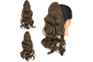 Gairyan Extensión de Cola Coleta Postiza Pelo Natural Sintético Postiza Extensiones Moño Postizo Extensiones Más Suave Aspecto Real Rizado 18" - Castaño