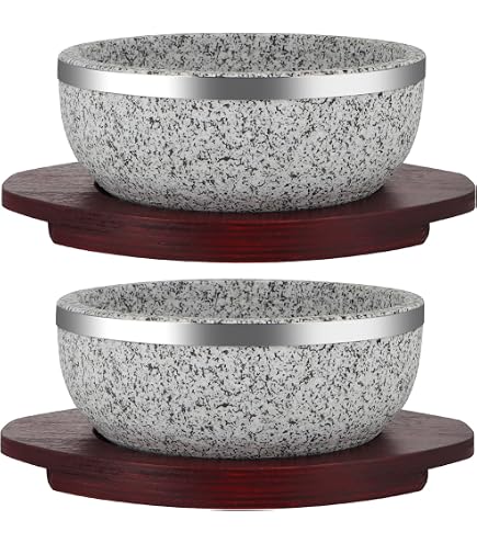 XICHENGSHIDAI Bol En Pierre De Granit 700ml Avec Base En Bois - Bol Coréen Pour Bibimbap, Soupe Et Ragoût
