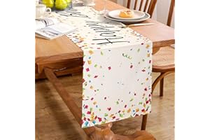 HANRUNSI Table Runner White Linen Birthday Table Runner Decoration Celebrate Happy Birthday Party Decor with Colorful Flashing Shredded Pieces 33x183cm