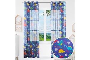 BOD HOME Tenda Traslucida per Camera dei Bambini in 2 Pezzi, 140x260cm LxA, Tenda per Camera dei Bambini con Disegno di Dinosauro Blu, Materiale 100% Poliestere