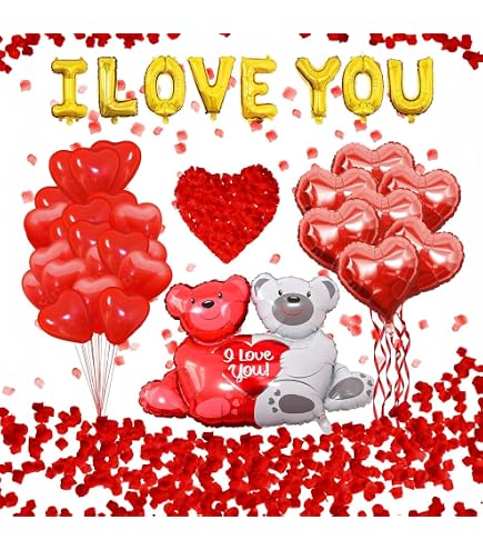 5er Set Hochzeits-Folienballons – 4x Herz 45,7 Cm, 1x 'I Love You' 80x40 Cm, Helium-tauglich, Gold/rot/weiß