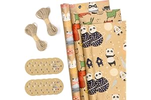 RUSPEPA Rotoli Di Carta Da Regalo Con Etichette Regalo E Filo Di Iuta - 43 cm X 3 m Per Rotolo, Totale Di 3 Rotoli, Animale