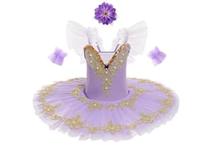 IDOPIP Girls' Ballet Performance Dress Ballet Pancake Tutu Kids Little Swan Dance Costume Ruffle Sleeve Lace Embroidered Sequins with Hair Clip