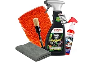 AUTOPFLEGE Juego de limpieza y sellado de llantas, limpiador de llantas de Sonax, edición especial, 500 ml, Sonax Xtreme Ceramic Quick Detailer 140 ml, pincel para llantas + guante de lavado
