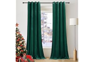 PONY DANCE Forest Green Christmas Velvet Curtains Eyelet Top - Thermal Blackout Curtains 90 Drop Pair Elegant Home Decor Window Treatment for Nursery Room/Living Room, 52x90 Inches