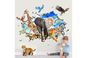 Supzone 3D Safari Animals Wall Stickers Jungle Elphant Giraffe Tiger Leopard Zebra Wall Decals Boy Baby Nursery Kids Bedroom Playroom Decor
