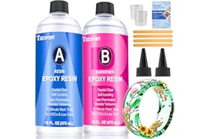 TEEXPERT Epoxy Resin Crystal Clear Kit- 32oz/950ml - Casting Resin for Jewellery DIY Resin Coating Easy Cast Epoxy, with Instructions/Bonus Sticks/Graduated Cups/Beak