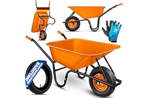 MASKO® Brouette | Capacité 100 litres | 250 kg | Pneus à air avec Jantes en Acier + Chambre à air de Rechange | Châssis en Acier galvanisé | Orange