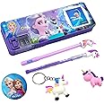TISHNA Plastic Frozen Princess Pencil Box Integrated Sharpener & Calculator,Magnetic Lock,Dual Compartments,Cartoon Stationery Case School Kit For Girls,Kids,Students Set Of 6 In1-Multicolor