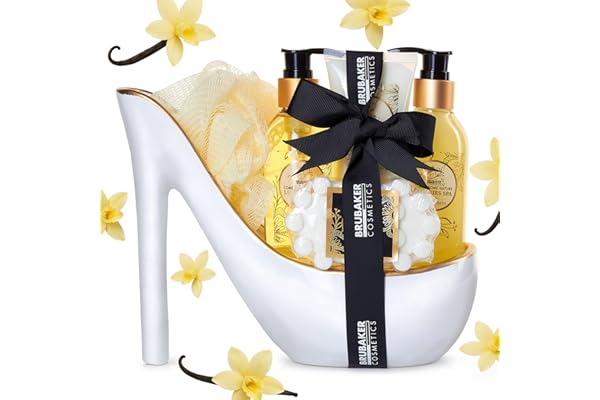 BRUBAKER Cosmetics - Coffret de bain & beauté de luxe - Vanille - 6 Pièces - Escarpin décoratif - Blanc/Doré - Idée cadeau Femme