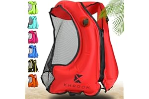 Khroom Chaleco de natación Hinchable Conforme a la última Norma de la EU | 150-210 cm de Altura Corporal, hasta 100 kg | Chaleco de flotabilidad para Adultos | Snorkel, Kayak y Sup (V2 Rojo)