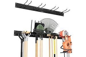 Urban Deco Metall-Gartengerätehalter, Gerätehalter Wandhalterung 150kg Tragkraft mit 4 Doppelhaken & 2 Paneele – Aufhängung für Gartenwerkzeug in Garage, Garten, Keller (Schwarz)