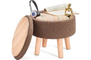 BRIAN & DANY Footstool with Storage, Small Storage Ottoman, Teddy Fleece Round Stool with Lid, Sherpa Foot Stool with Legs for Living Room Entryway, Brown