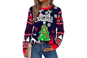 Jezonga Świąteczny sweter damski zabawny sweter bożonarodzeniowy sweter sweter z nadrukiem płatek śniegu Łoś z długim rękawem Okrągły dekolt Świąteczna impreza