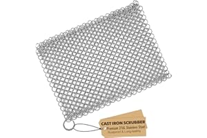 TOPULORS Cast Iron Scrubber 316 Stainless Steel Skillet Cleaner 8"x6" Chainmail Scrubber Scraper Chain Mail Link Scrub for Cast Iron Pre-Seasoned Pans, Griddles, BBQ Grills, and Pot Cookware Cleaning