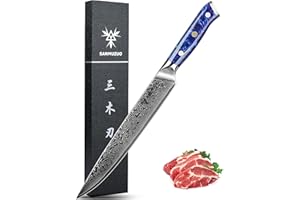 SANMUZUO Couteau à Trancher 23 cm, Couteaux de Cuisinede Chef Japonais Couteau à découper - Acier de Damas et Manche en Résine - Série Xuan(Bleu Saphir)