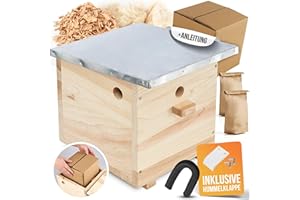 BEESI Hummelhaus groß inkl. Wachsmottensperre & Nistmaterial I Kapok, Nistkarton, Holzspäne I Hummelhotel Massivholz verschraubt I Hummelkasten mit Zubehör (mit Wachsmottensperre)