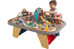 KidKraft Ensemble Table Circuit de Train en Bois Waterfall Junction pour Enfant avec Boîte de Rangement, Accessoires incluent Grue, Avion et Voitures, Jouet Enfant dès 3 Ans, 17498