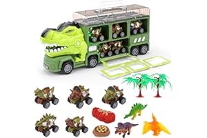 Aytop Dinosaur Truck Toy, Dinosaur Truck Transport Kit with 5 Pull Back Dinosaur Cars 8 Dinosaur Accessories Toys Dinosaur Truck Toys with Music and Roaring Sound for Kids Age 3+
