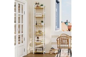 YITAHOME Estantería de 6 Niveles, Librería de Piso con 4 Ganchos, Estante de Madera y Marco de Metal, Estantería Industrial Alta, Almacenamiento para Sala de Estar, Oficina en Casa, Blanco y Roble