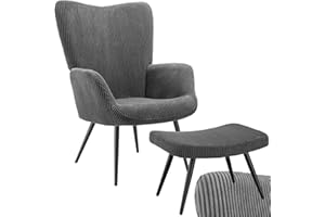 ‎TECTAKE tectake® Skandinavischer Stil Ohrensessel, Sessel Hygge mit Hocker, Breitcordbezug, Sessel Wohnzimmer, Schlafzimmer, Esszimmerstuhl, Statement Loungesessel, belastbar bis 150 kg - anthrazit/schwarz