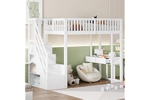 ‎MERAX Merax Hochbett 90 x 200 cm, mit Schreibtisch, multifunktionales Kinderbett 1 Platz mit Stauraumtreppen, einfache Montage, Weiß (ohne Matratze)