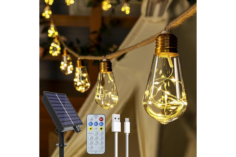 Ollny Solar Lights Outdoor Garden 6m Hemp Rope Festoon Light with Remote, USB Fairy String with 16 S17 Shatterproof Bulbs 160 LEDs 8 Modes, Waterproof Lighting for Outside Gazebo Patio Party Decor