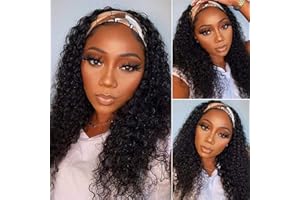 Rebasar Perruque Bandeau Cheveux Humain Deep Wave Perruque Femme Naturelle Brésilien 16 Pouces(40cm) 150% Densité Perruque Bresilienne Bouclée Non Lace Curly Headband Wig Noire Naturelle