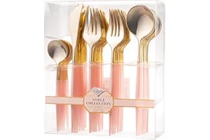Decor Decorline - Ensemble de couverts réutilisables en plastique robuste - 40 pièces - Avec 16 fourchettes, 8 couteaux, 8 cuillères et 8 cuillères à dessert - Noble - Haut: Or - Poigné: Rose