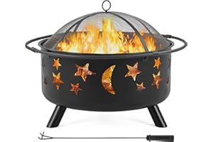 Yaheetech Large Fire Pit with Stars & Moons, Wood Burning Fir Pit with Poker & Mesh Cover for Backyard/Outdoor, Black