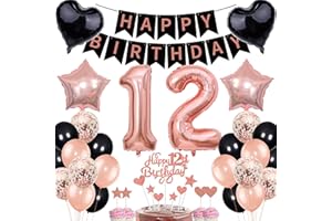 CNROSE Deko 12. Geburtstag Mädchen Rosegold Schwarz Deko Set Tortendeko 12 Geburtstag Mädchen Junge mit Banner Deko Geschenk 12th Ballons 12 Jahr Geburtstagdeko Zahl 12 Luftballons für 12.ter Geburtstag