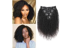 EINbeauty Kinky-Curly Human Hair Clips Extension a Clip Cheveux Naturel 120g-8pcs Invisibles à Clip Human Hair Clips ins Perruques Pour Femmes Noires Clip Extension Brazilian Virgin Cheveux 14"
